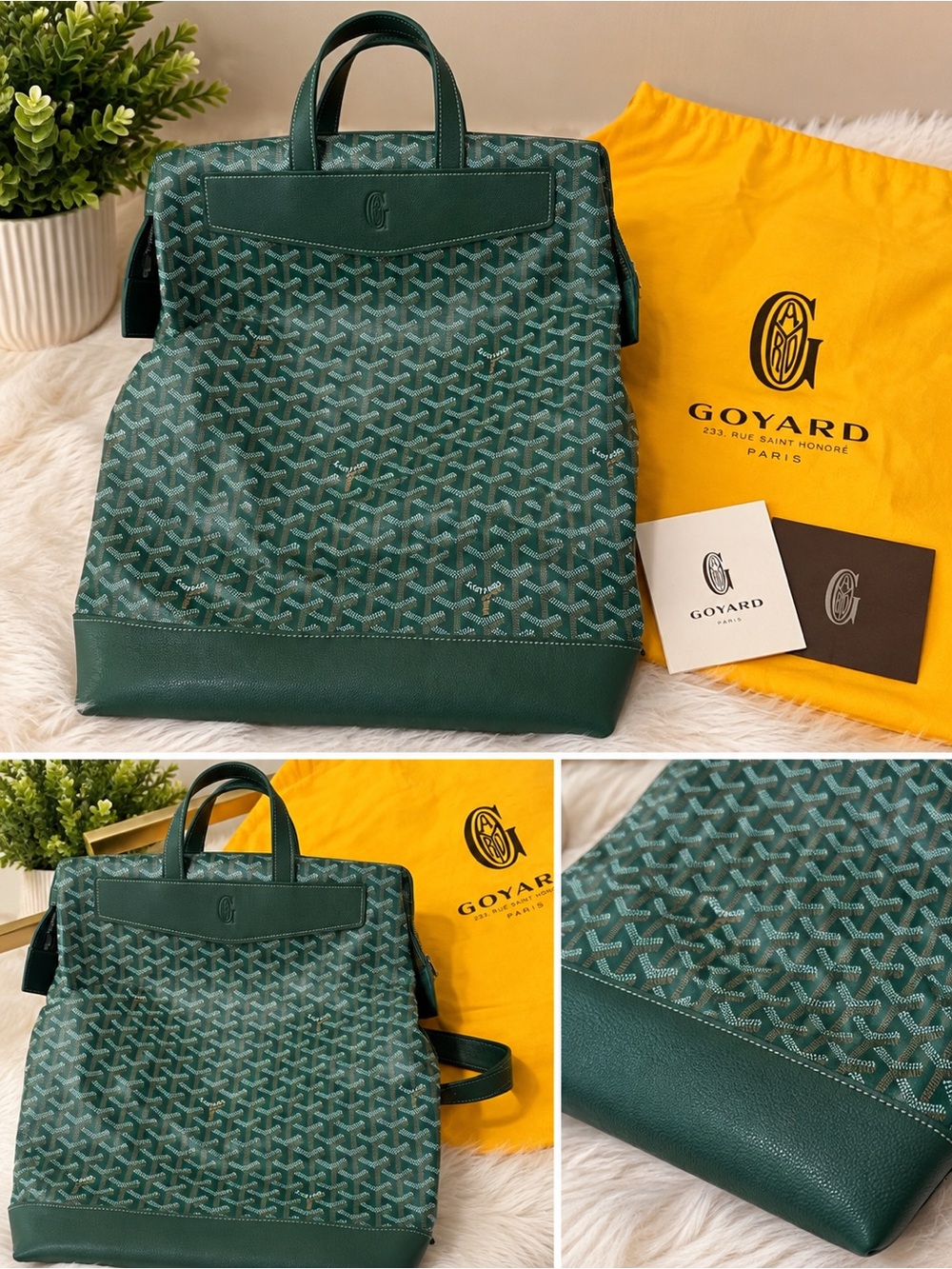 Goyard Green Chevron Canvas Backpack with Leather Trim